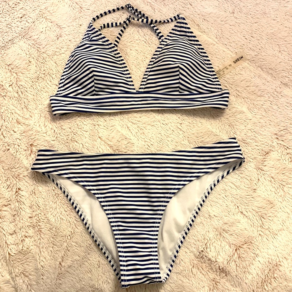 Bathing suit from Shein-navy and white stripes